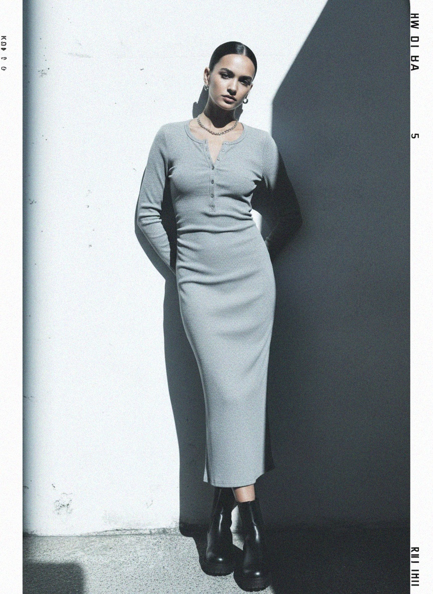 Ribbed Long Sleeve Midi Dress with Button Detail photo 3