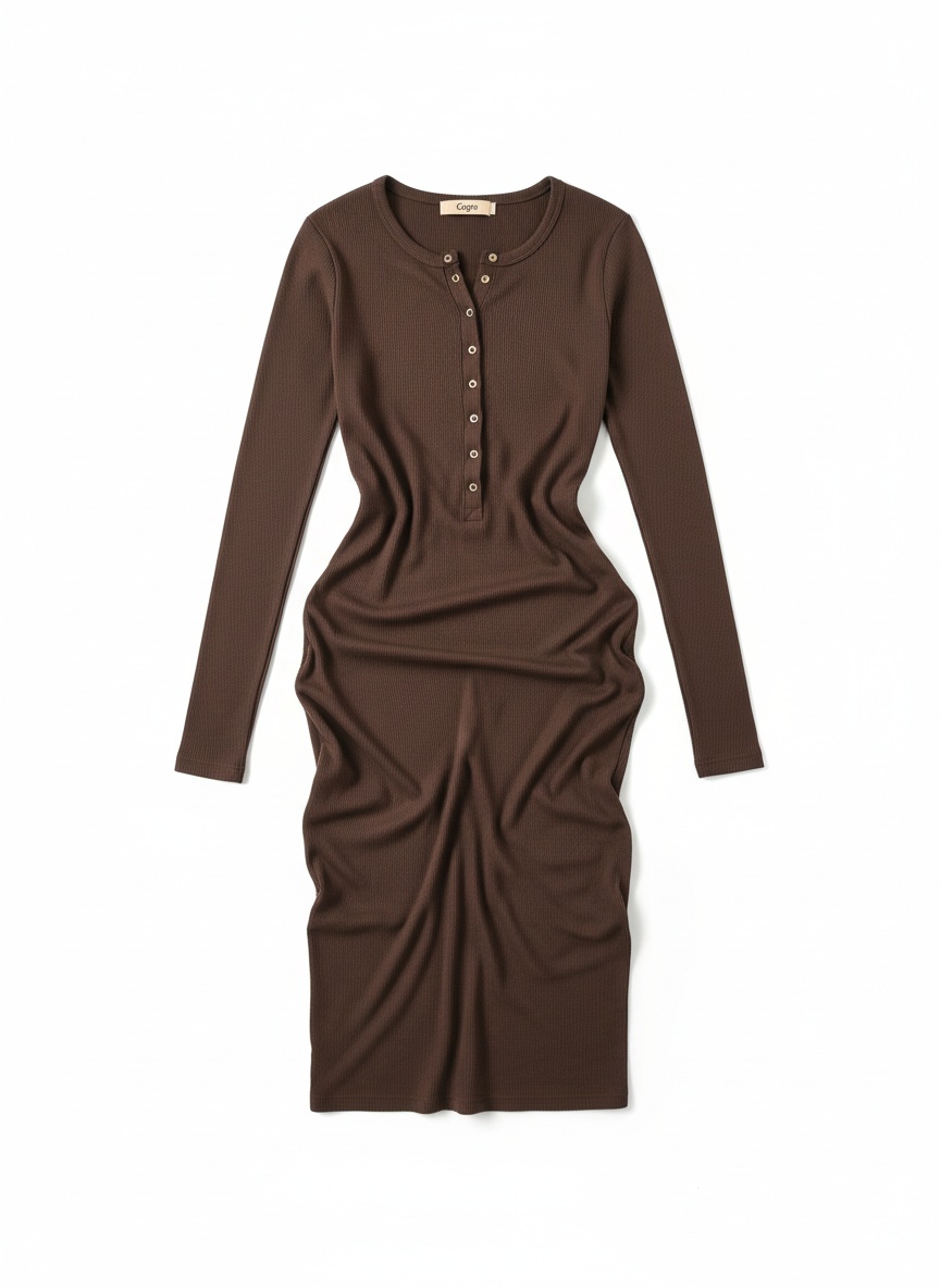 Brown Ribbed Midi Dress with Henley Buttons photo 1
