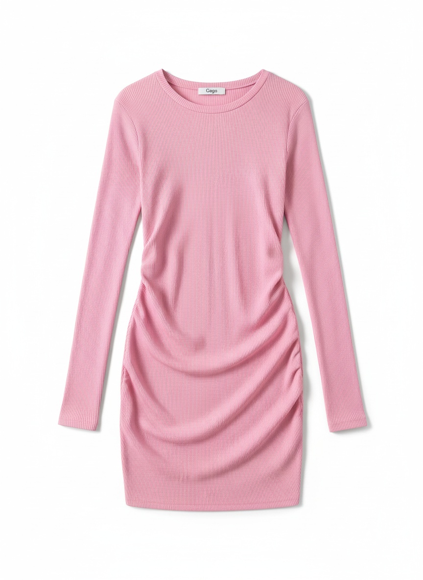 Pink Ribbed Long Sleeve Mini Dress photo 1