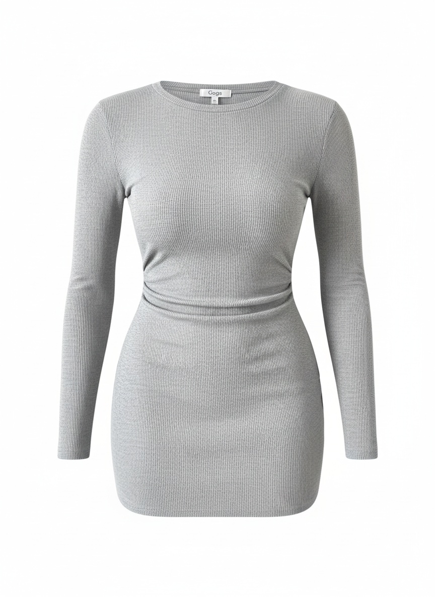 Grey Ribbed Long Sleeve Mini Dress photo 1
