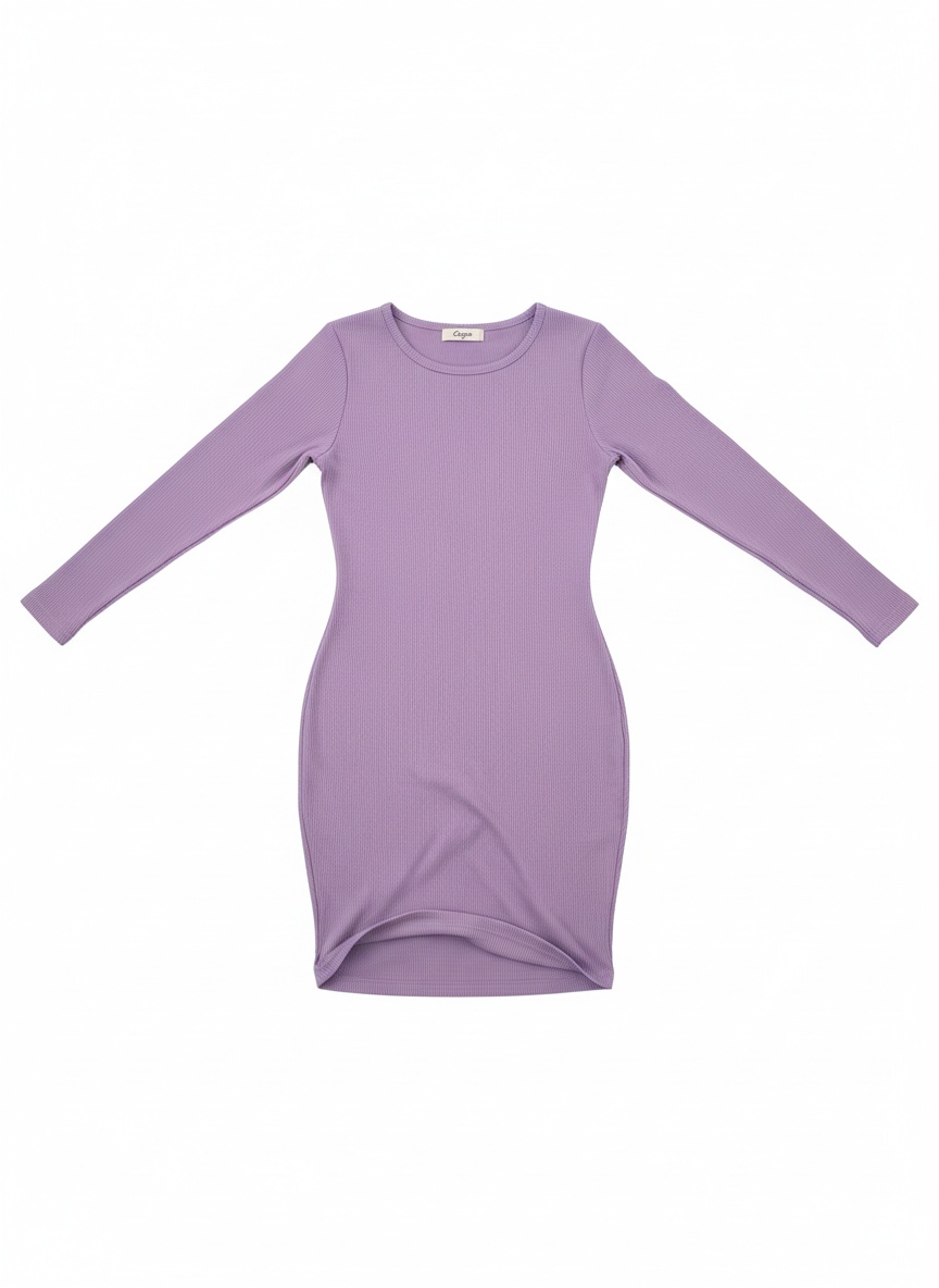 Ribbed Long Sleeve Bodycon Mini Dress - Purple photo 1