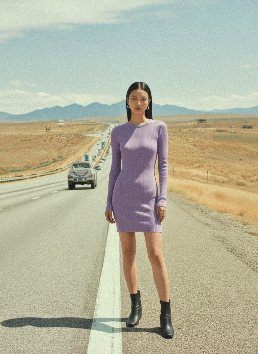 Ribbed Long Sleeve Bodycon Mini Dress - Purple photo 3