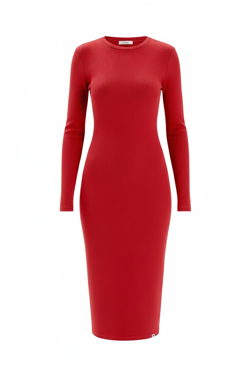 Fitted Red Ribbed Knit Midi Dress with Long Sleeves photo 1