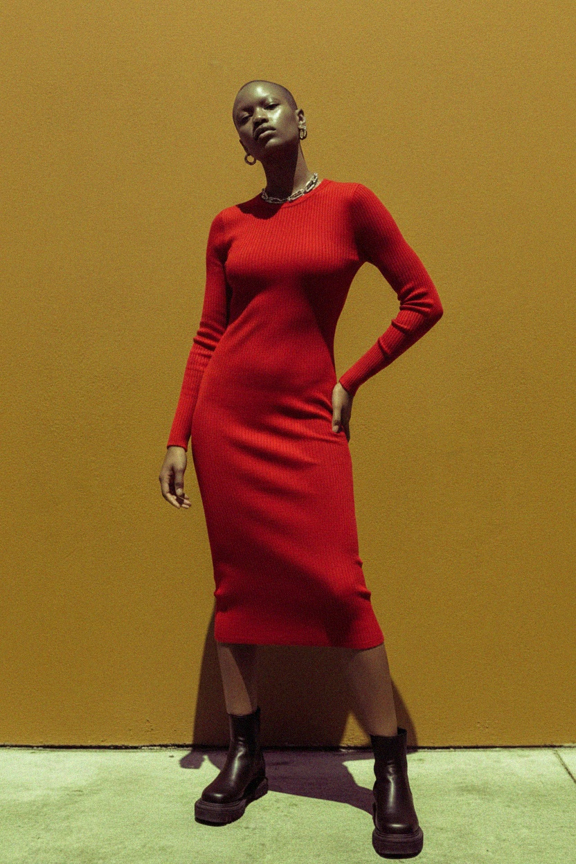 Fitted Red Ribbed Knit Midi Dress with Long Sleeves photo 2