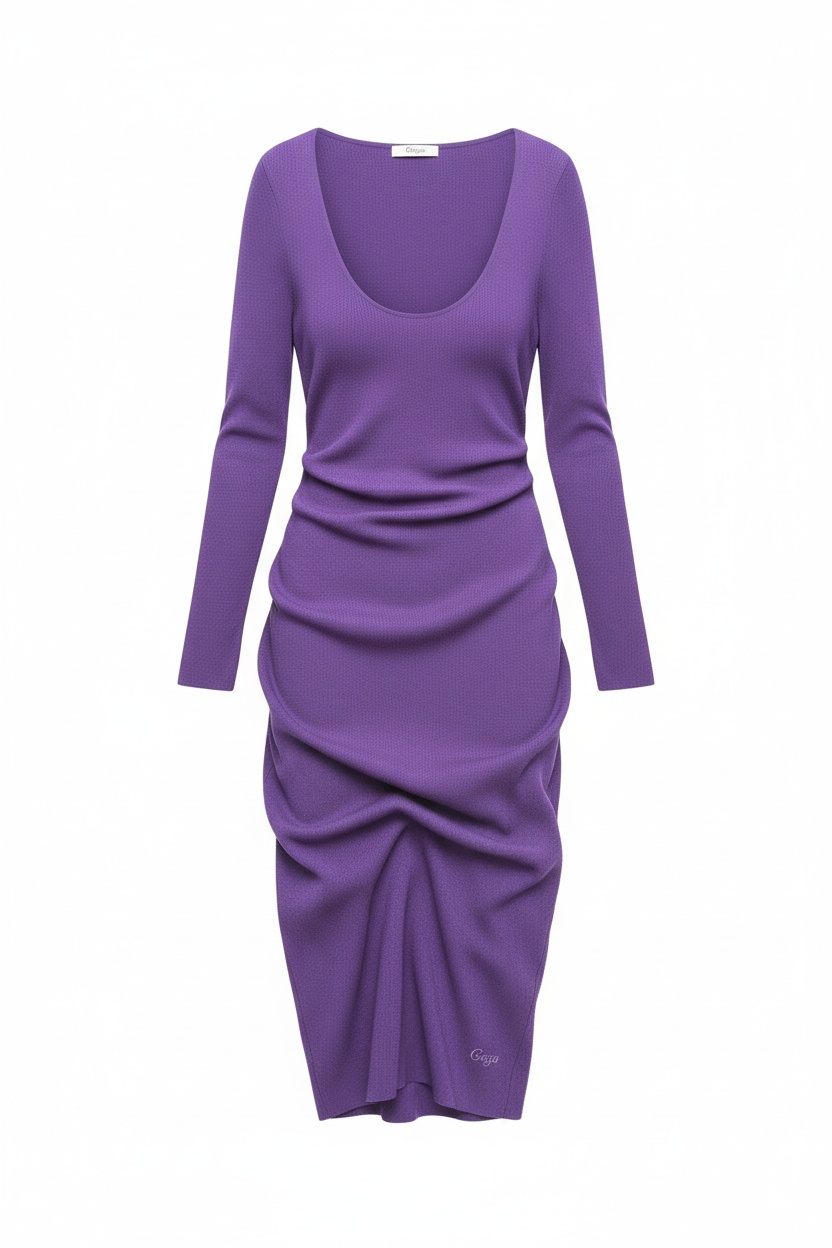 Purple Long Sleeve Ribbed Knit Midi Dress photo 1