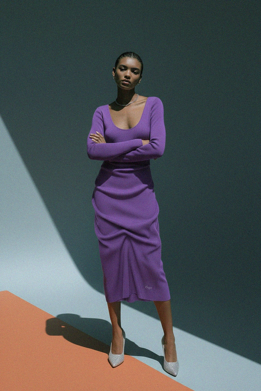 Purple Long Sleeve Ribbed Knit Midi Dress photo 3