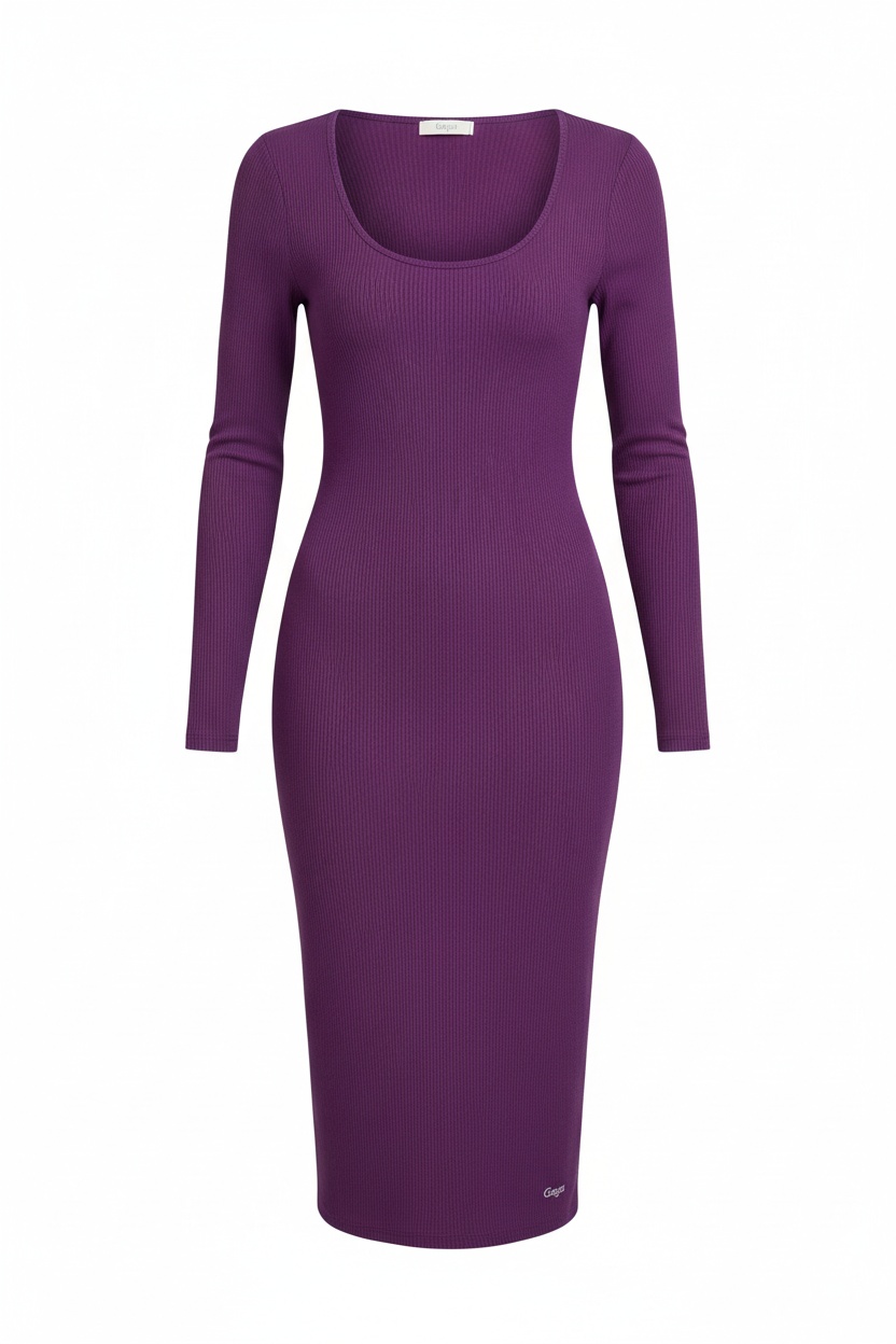 Purple Ribbed Long Sleeve Bodycon Midi Dress photo 1