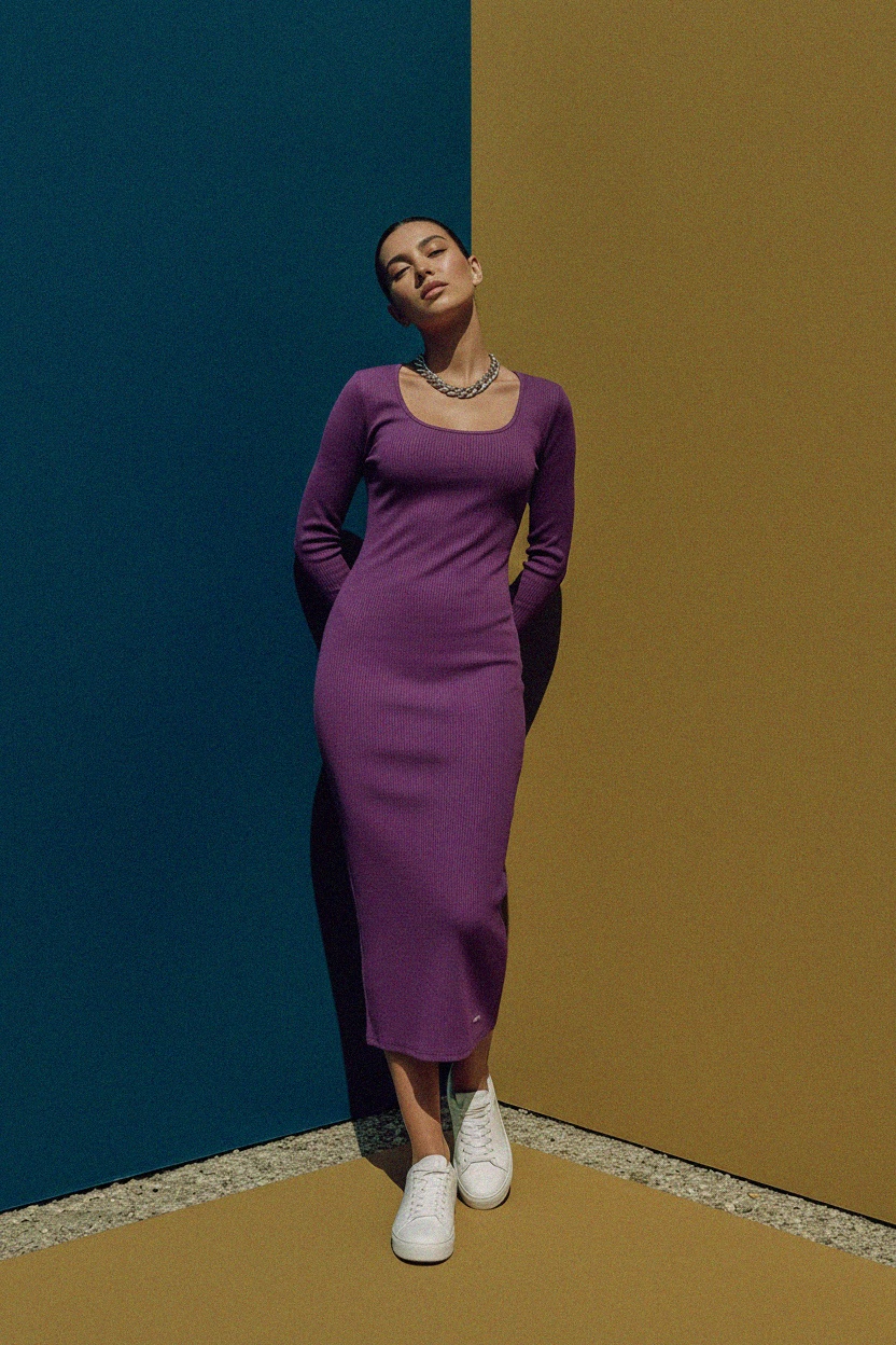 Purple Ribbed Long Sleeve Bodycon Midi Dress photo 3