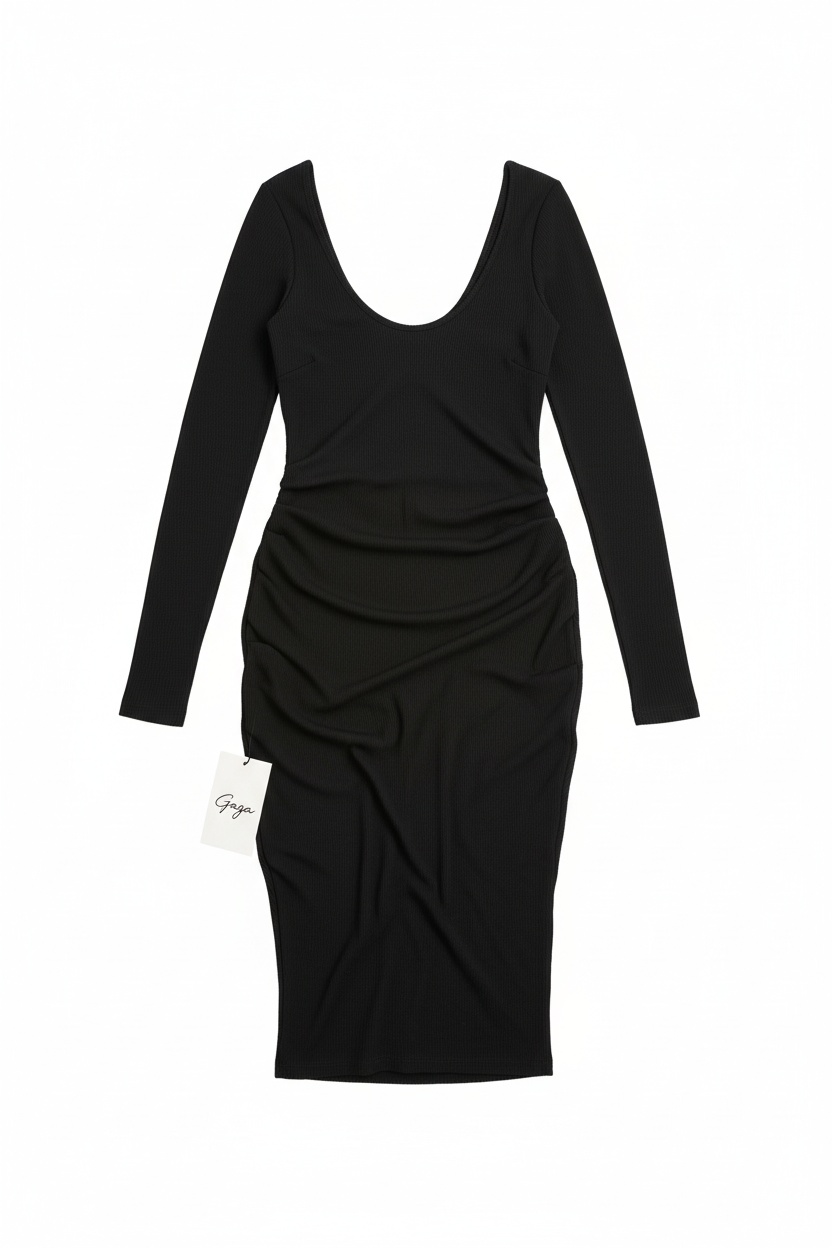 Sleek Black Ribbed Long Sleeve Midi Dress photo 1