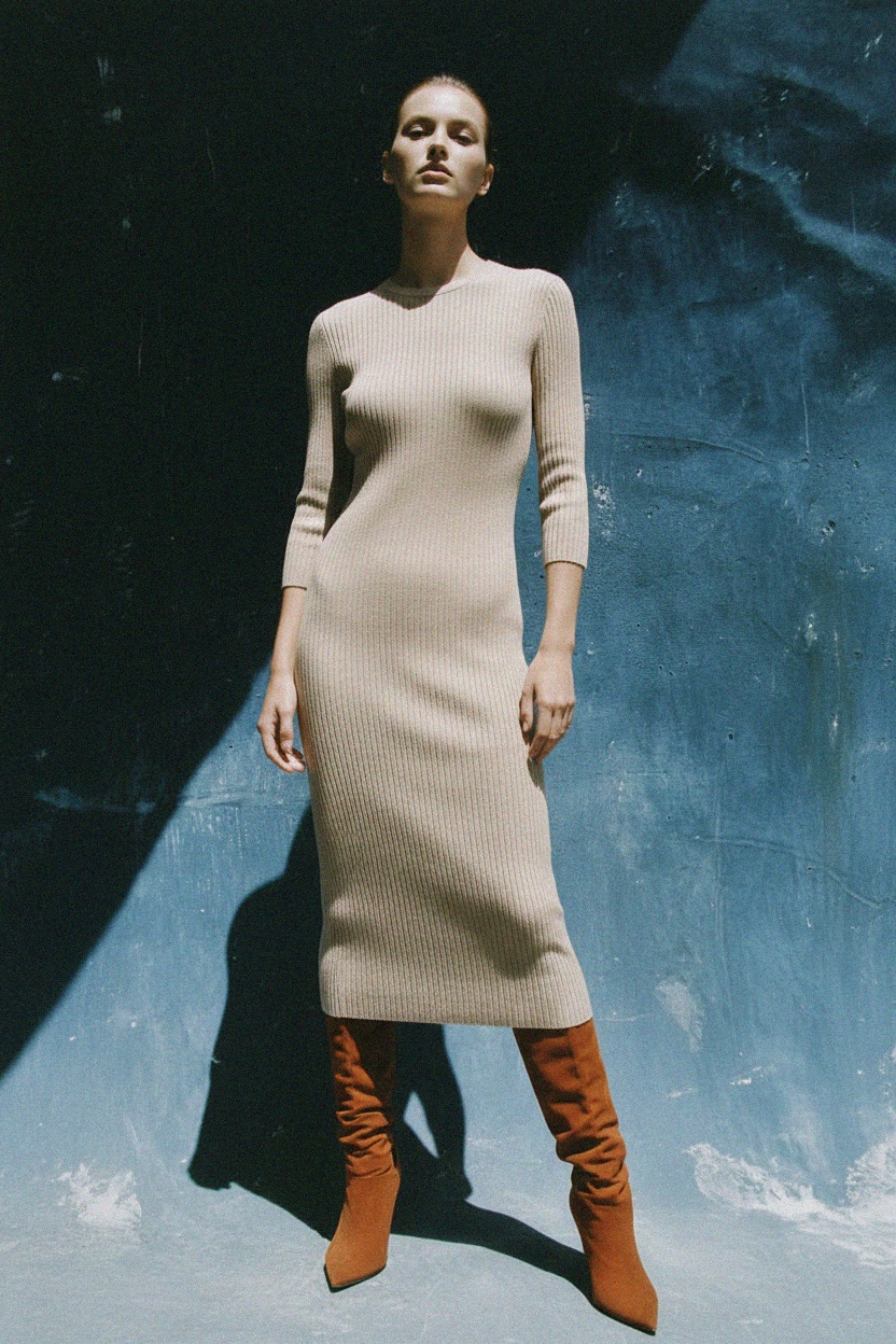 Fitted Ribbed Knit Midi Dress with 3/4 Sleeves photo 2