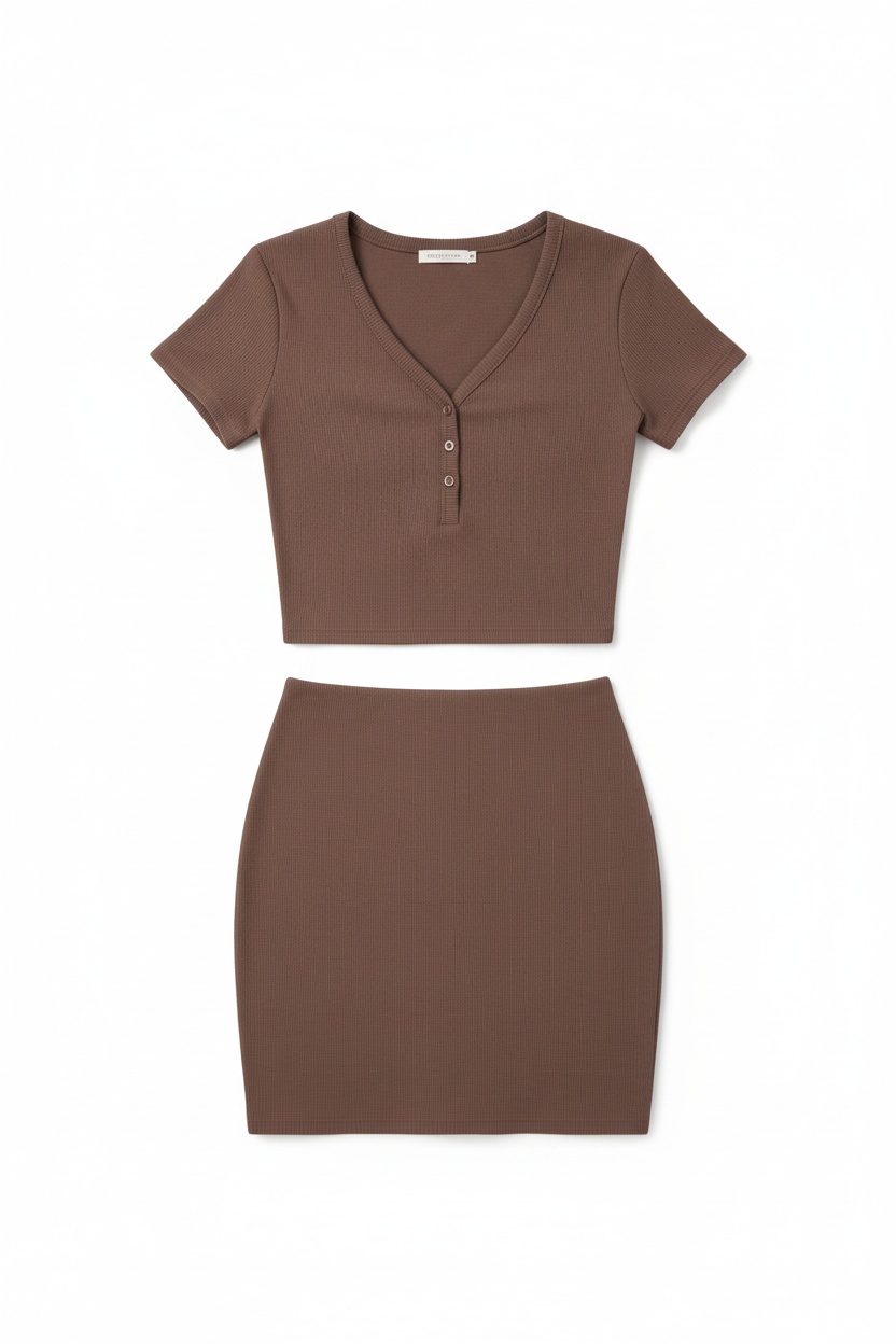 Brown Henley Crop Top & Mini Skirt Set photo 1