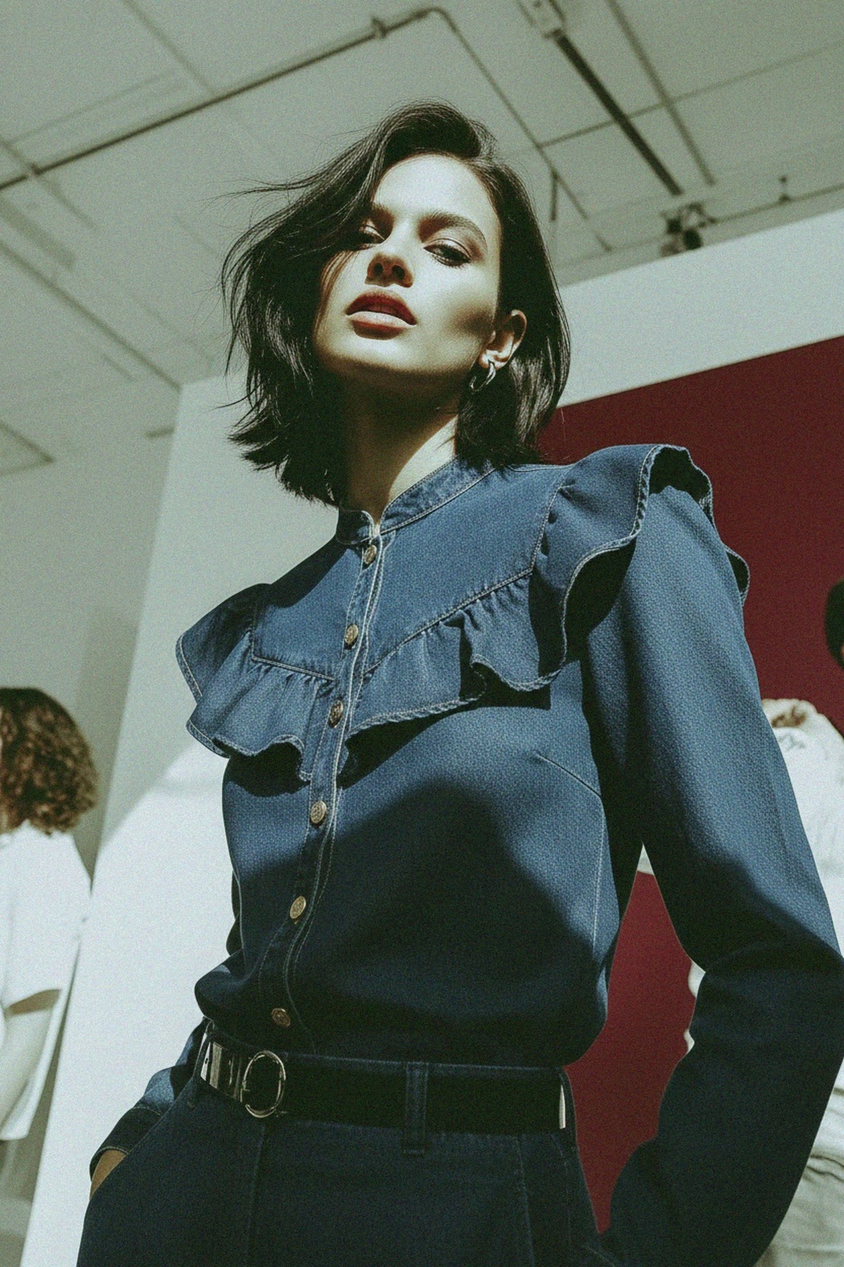 Ruffled Denim Button-Up Blouse photo 2