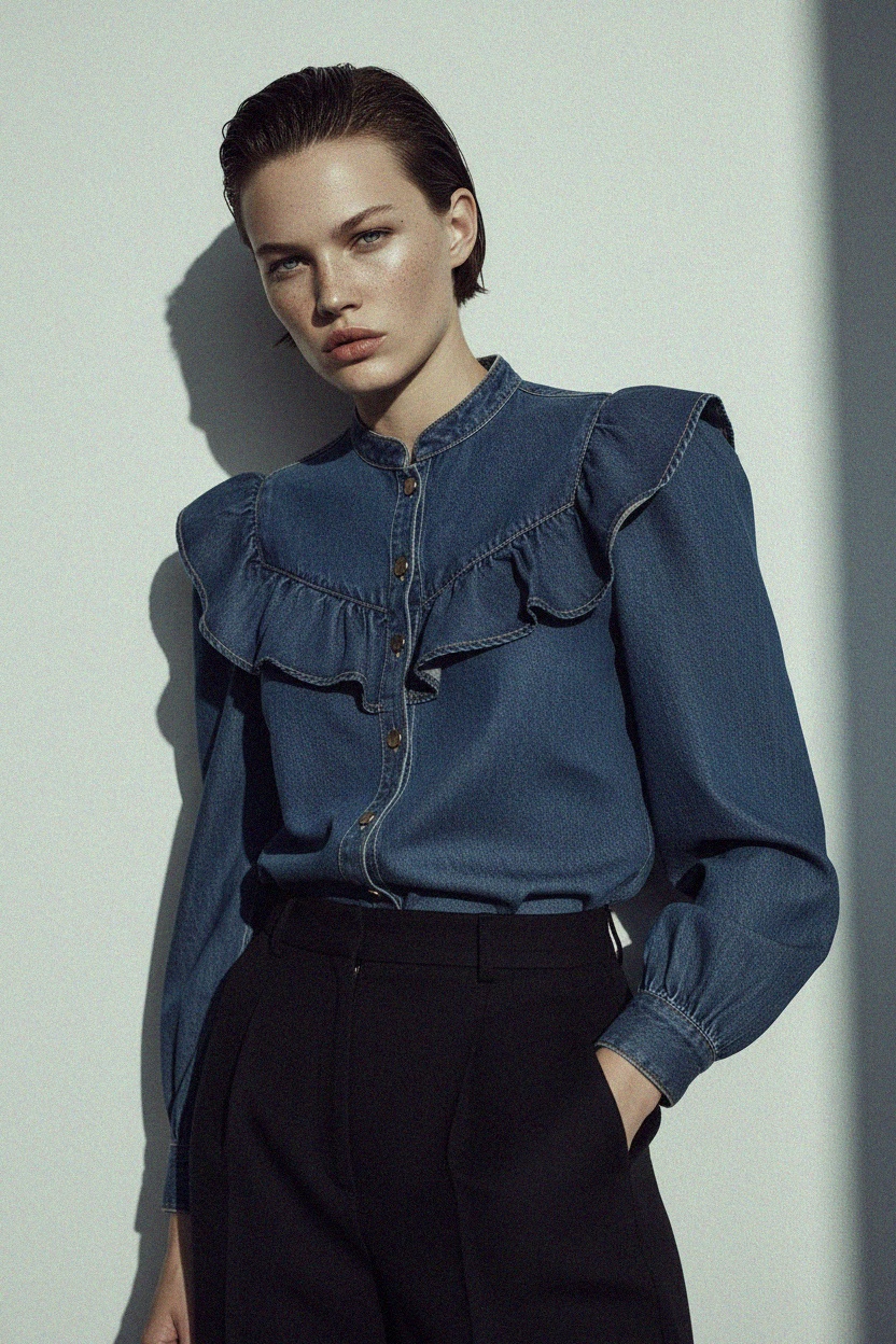 Ruffled Denim Button-Up Blouse photo 4