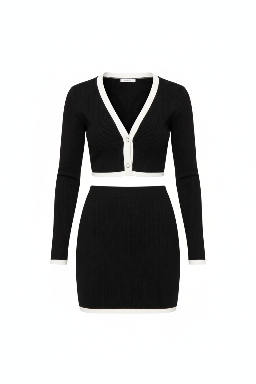 Black Ribbed Knit Cropped Cardigan & Mini Skirt Set photo 1