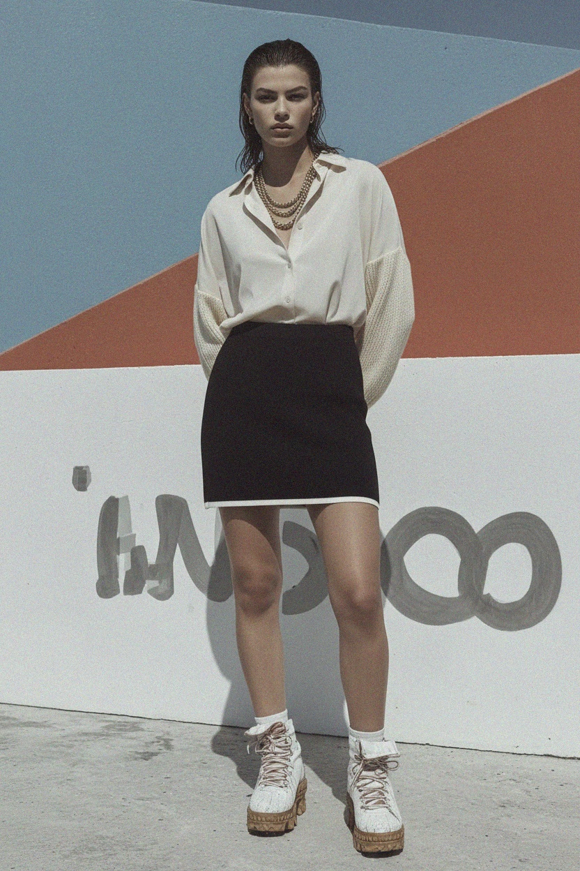 Ribbed Mini Skirt with Contrast White Trim photo 2