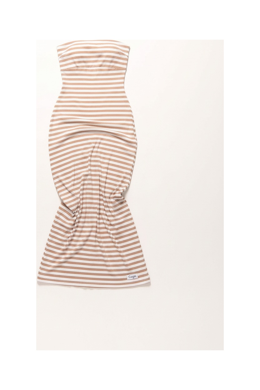 Beige & White Striped Strapless Maxi Dress photo 1