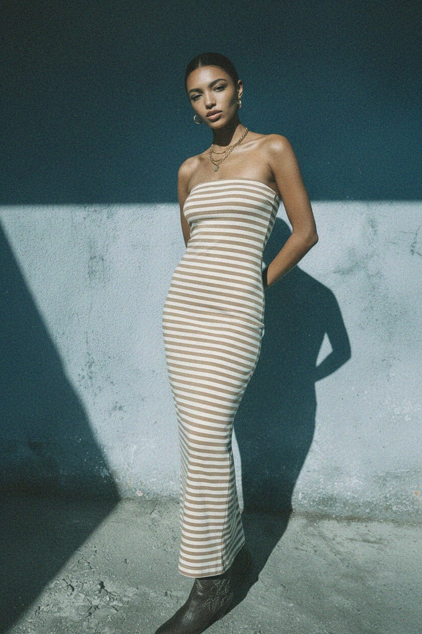 Beige & White Striped Strapless Maxi Dress photo 3