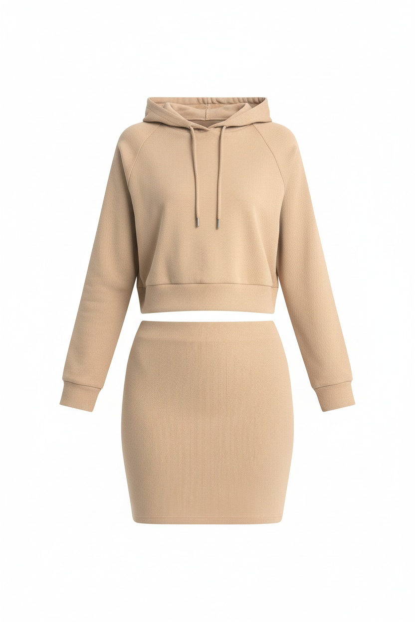 Beige Ribbed Hoodie & Mini Skirt Set photo 1