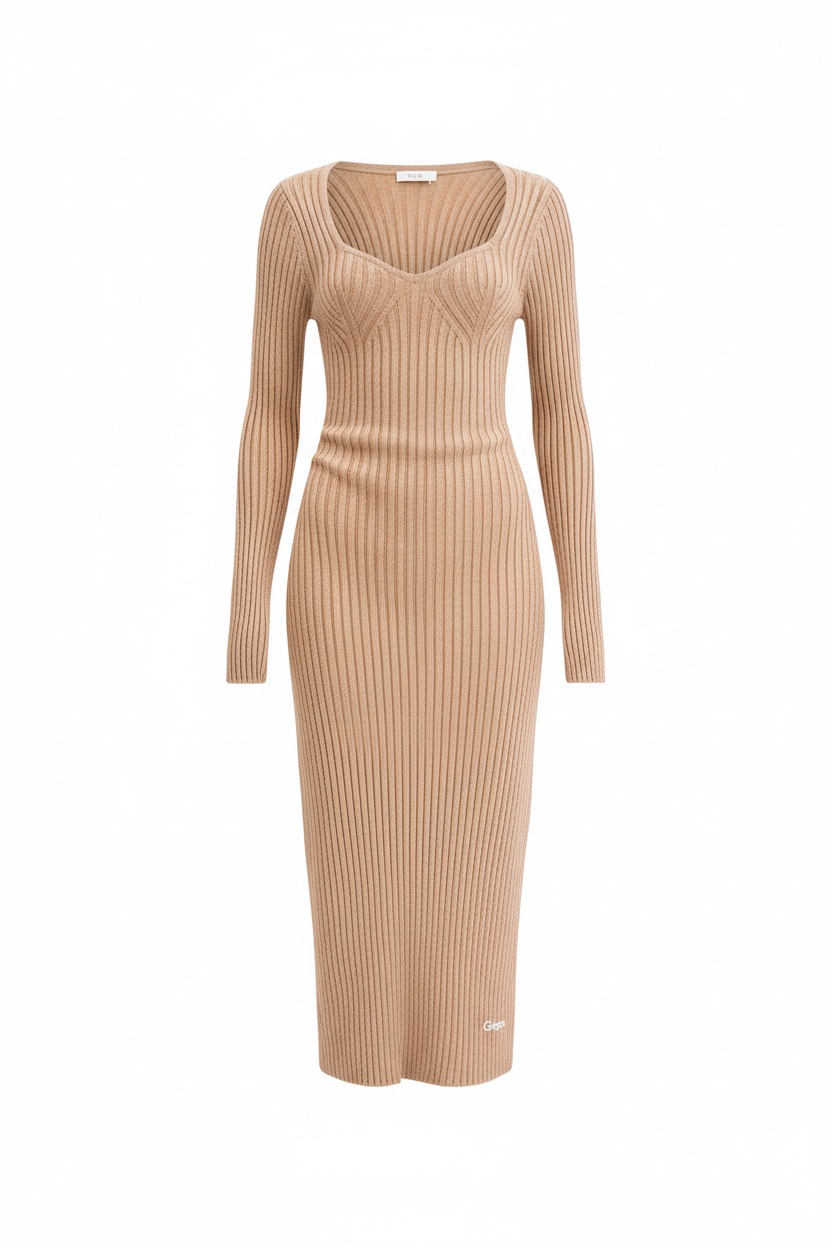 Beige Ribbed Knit Sweetheart Neck Midi Dress photo 1