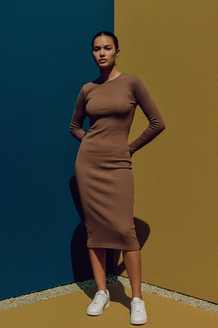 Ribbed Long Sleeve Midi Dress photo 2