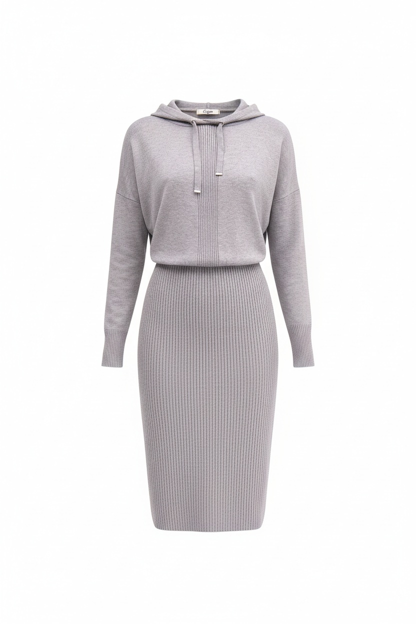Grey Ribbed Knit Hoodie Midi Dress photo 1
