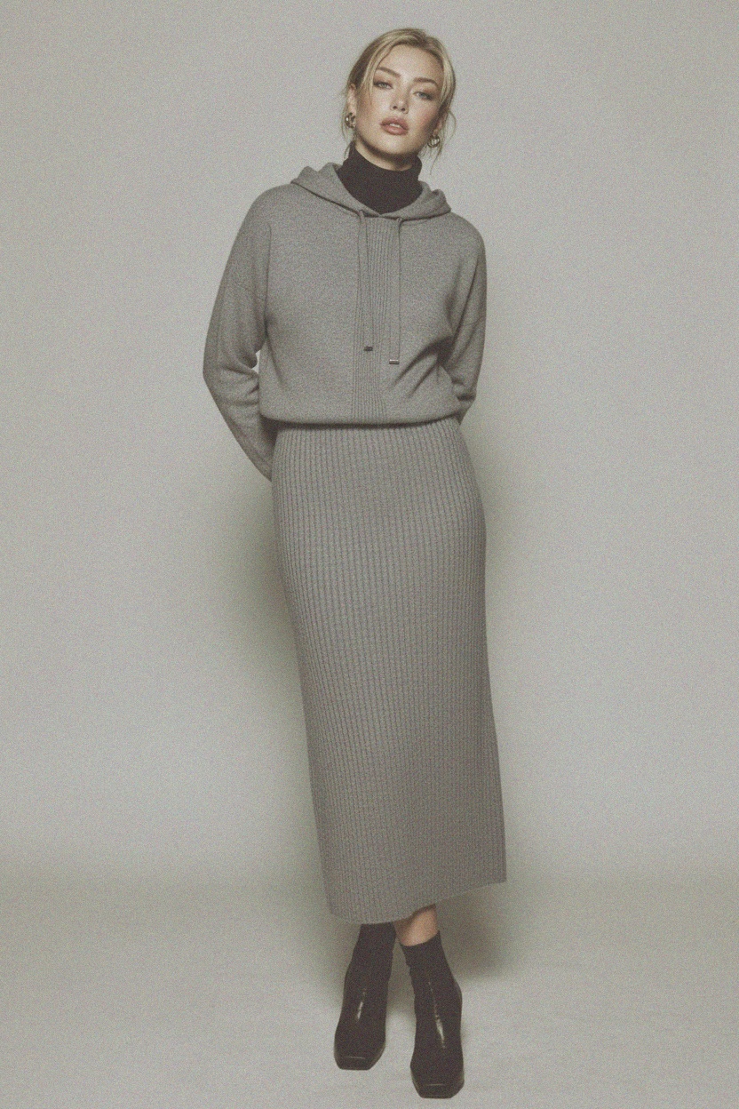Grey Ribbed Knit Hoodie Midi Dress photo 2