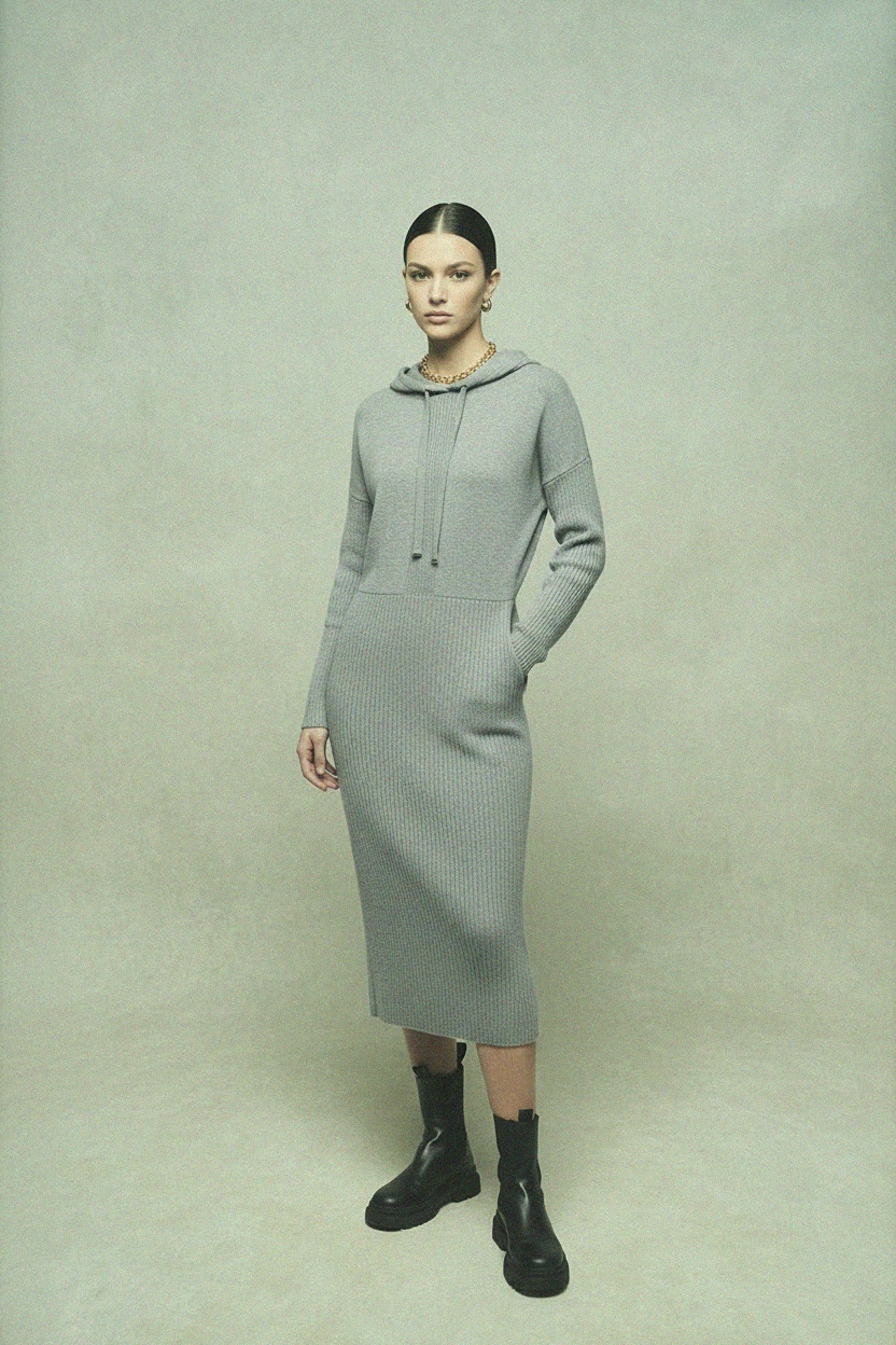 Grey Ribbed Knit Hoodie Midi Dress photo 3