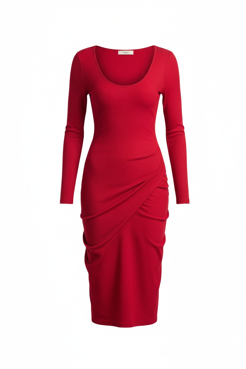 Elegant Red Ribbed Long Sleeve Midi Dress photo 1