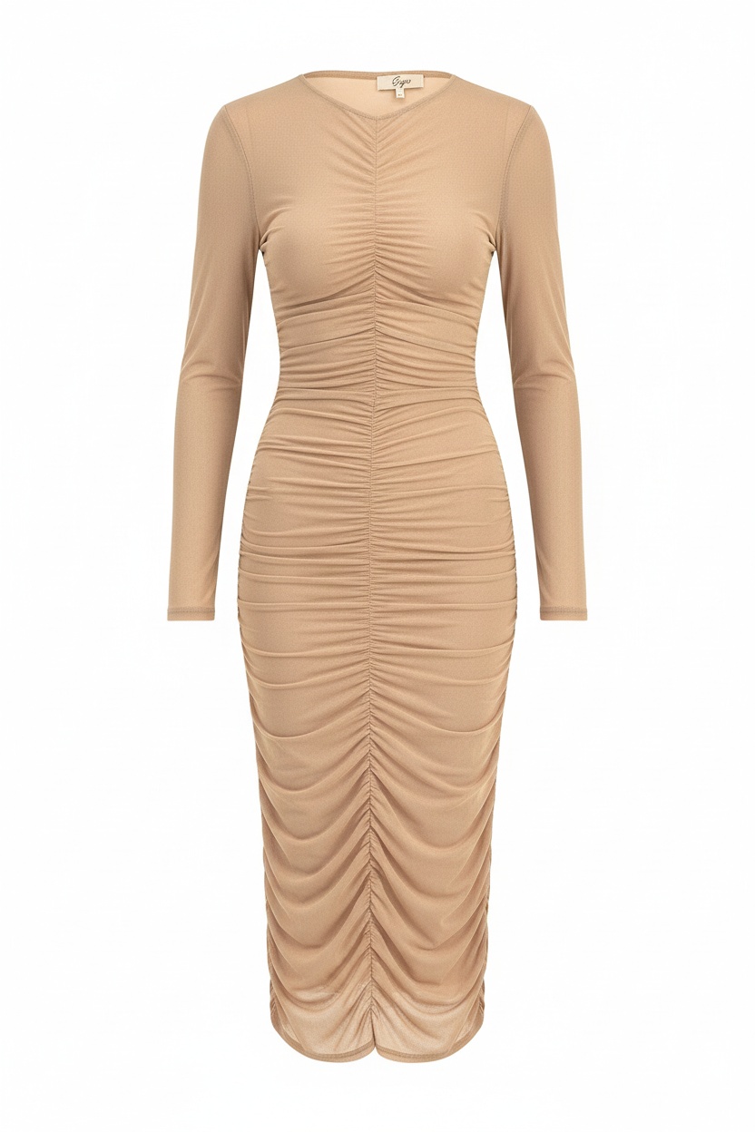 Elegant Ruched Long Sleeve Bodycon Midi Dress photo 1
