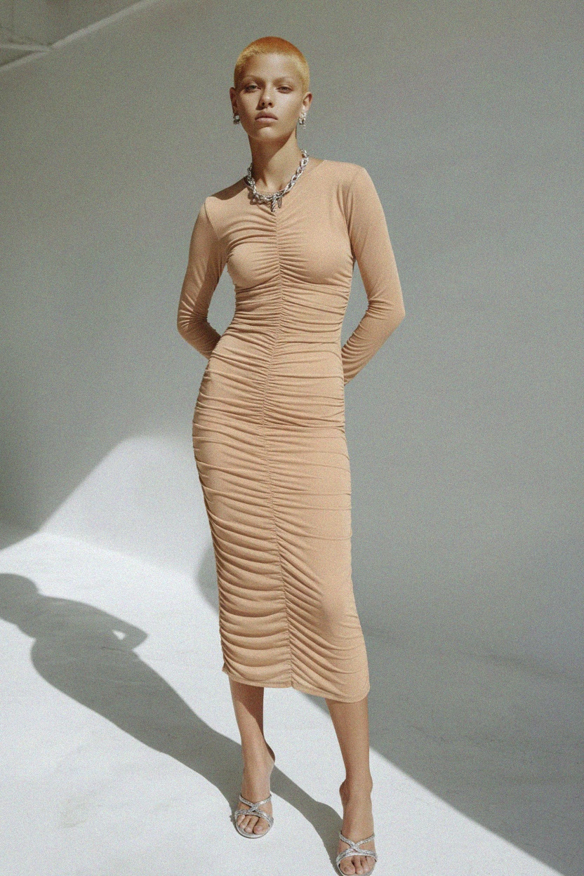Elegant Ruched Long Sleeve Bodycon Midi Dress photo 3
