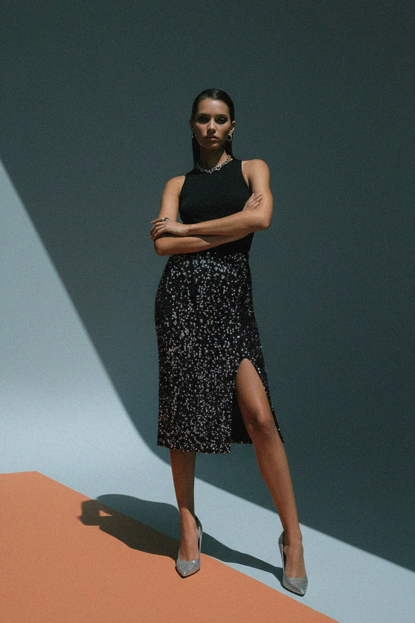 Black Sequin Midi Skirt with High Slit photo 2