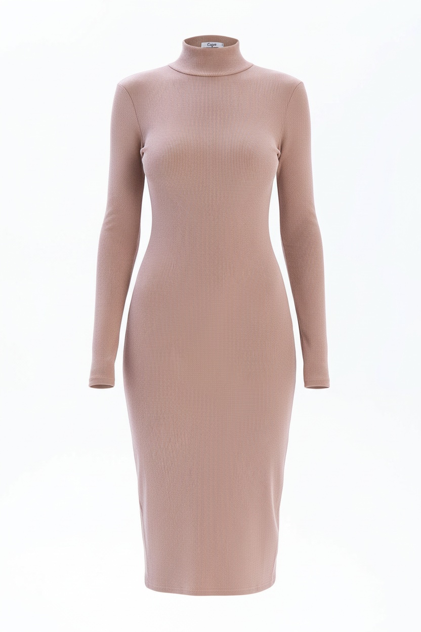 Beige Ribbed Knit Turtleneck Midi Dress photo 1