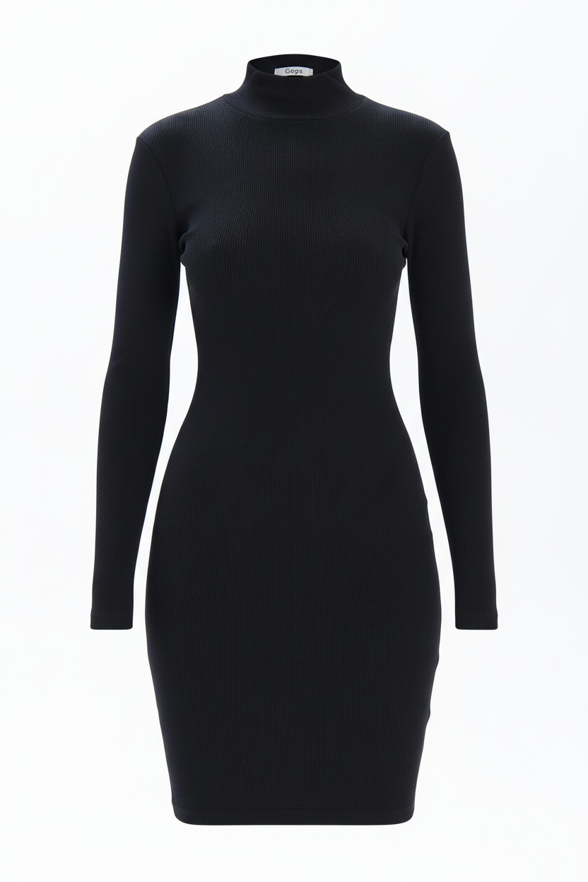 Black Ribbed Knit Turtleneck Bodycon Mini Dress photo 1