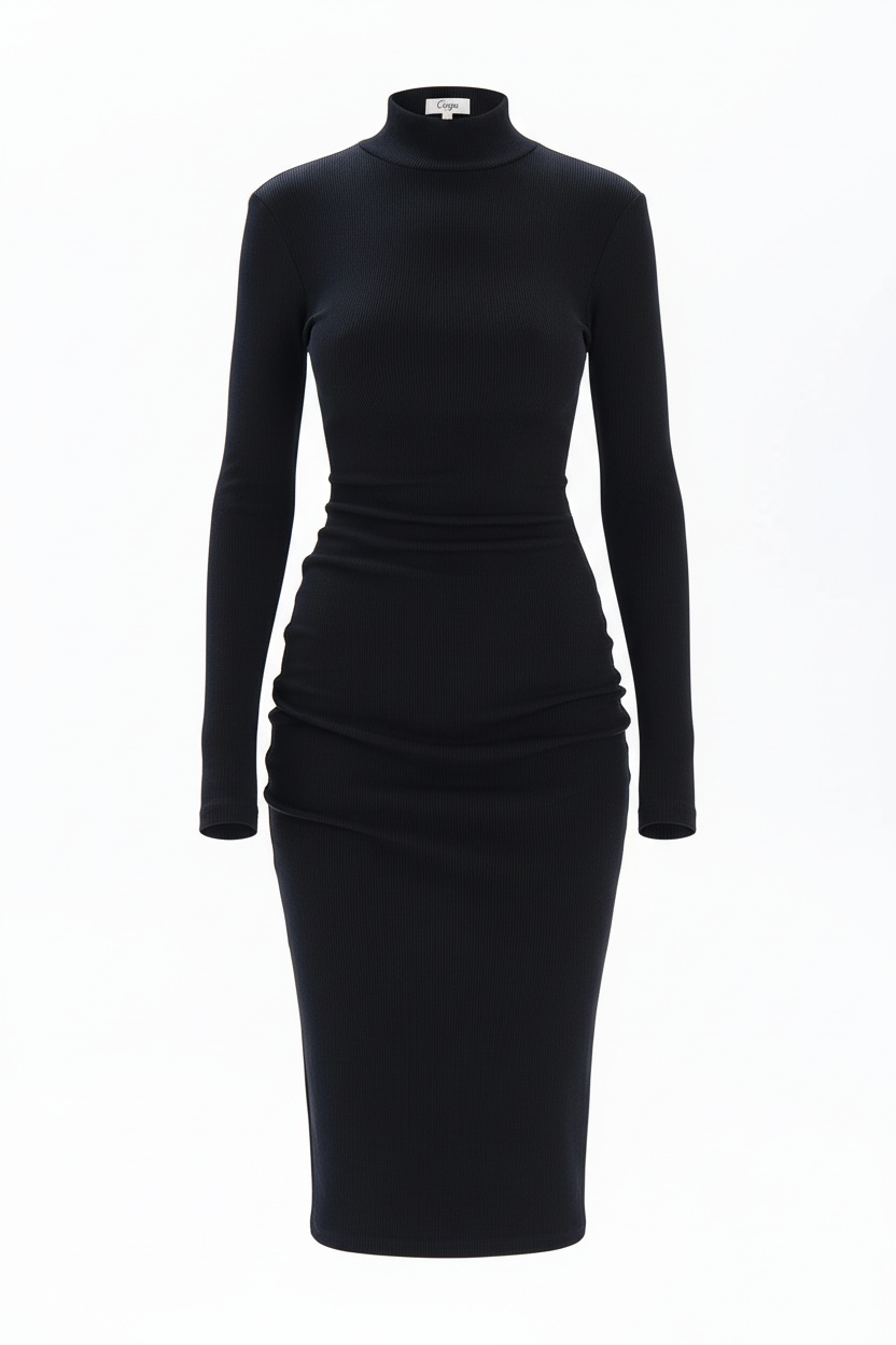Fitted Black Ribbed Turtleneck Long Sleeve Midi Dress photo 1