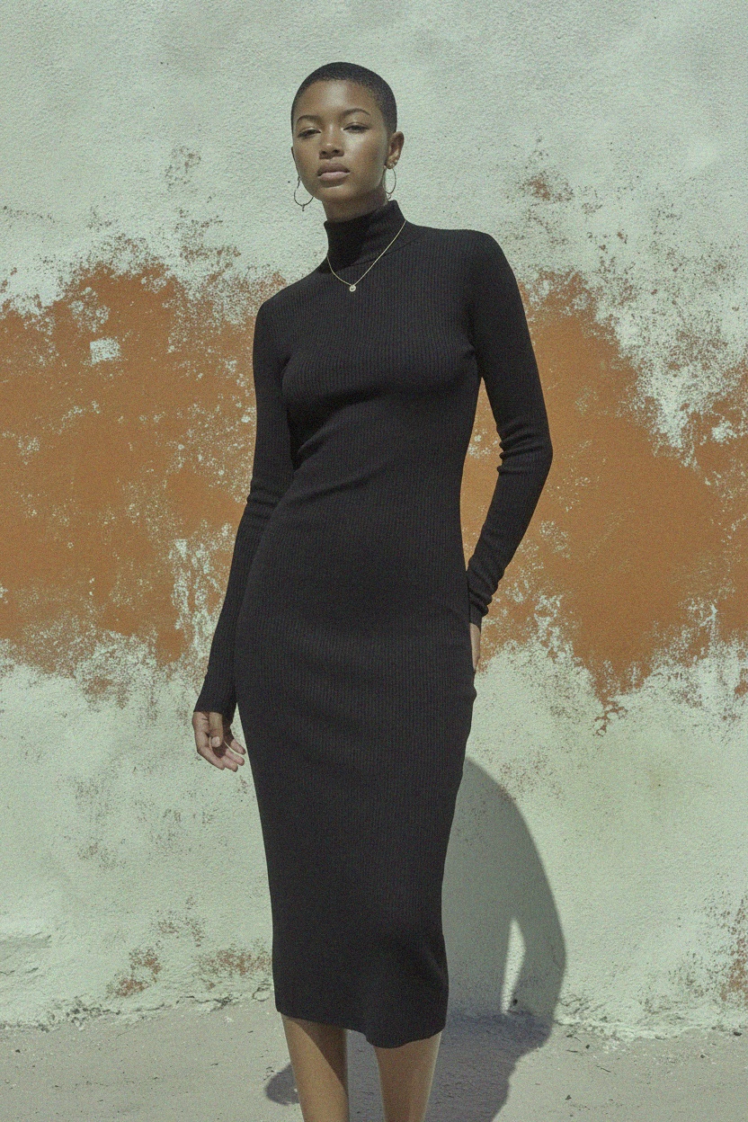 Fitted Black Ribbed Turtleneck Long Sleeve Midi Dress photo 2