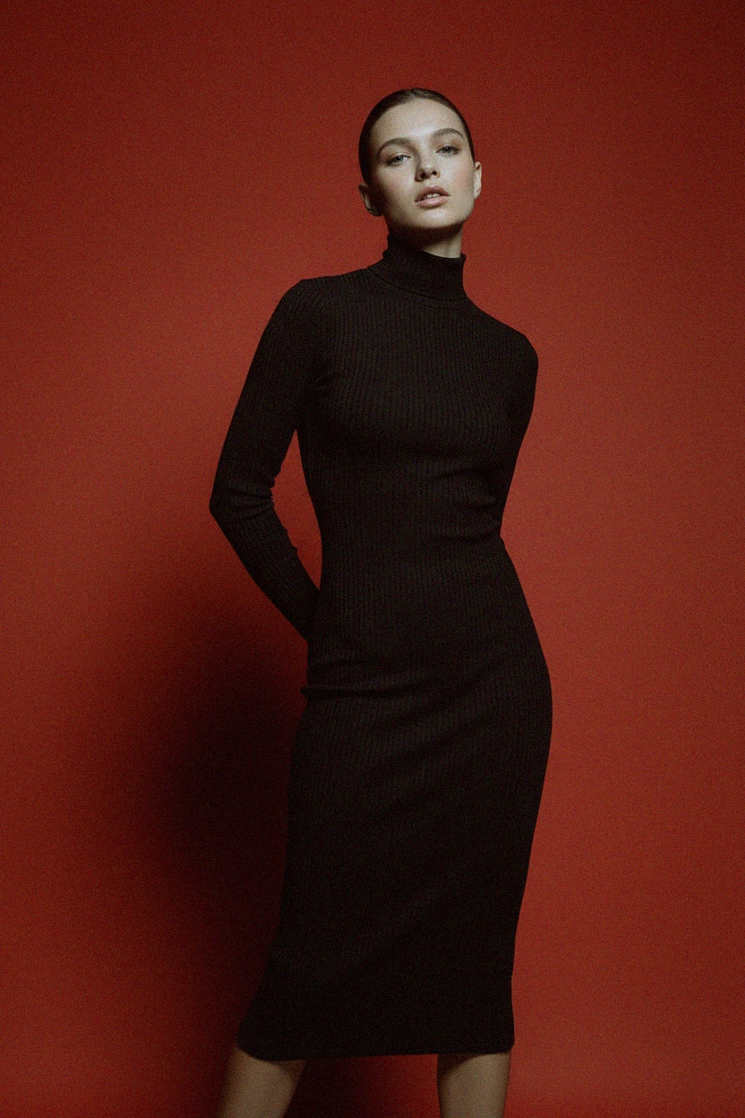 Fitted Black Ribbed Turtleneck Long Sleeve Midi Dress photo 3