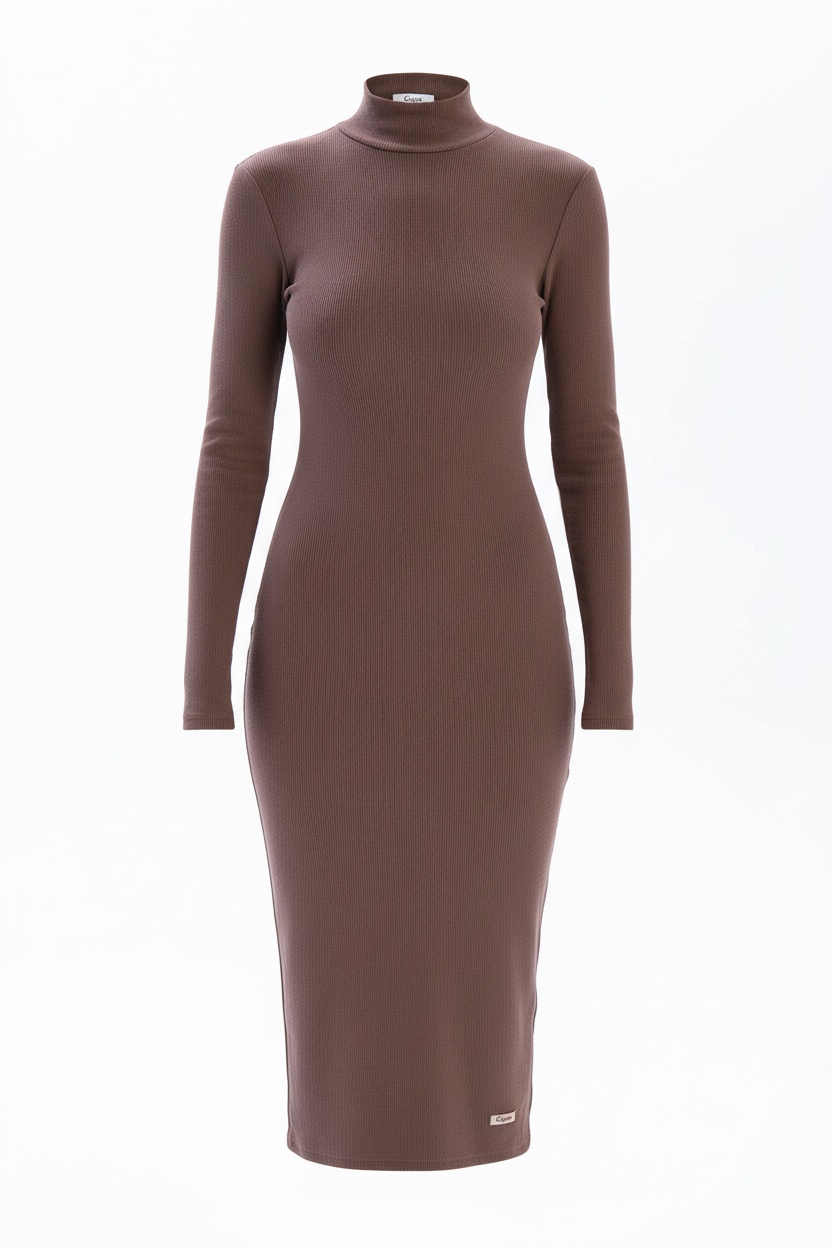 Brown Ribbed Turtleneck Long Sleeve Midi Dress photo 1