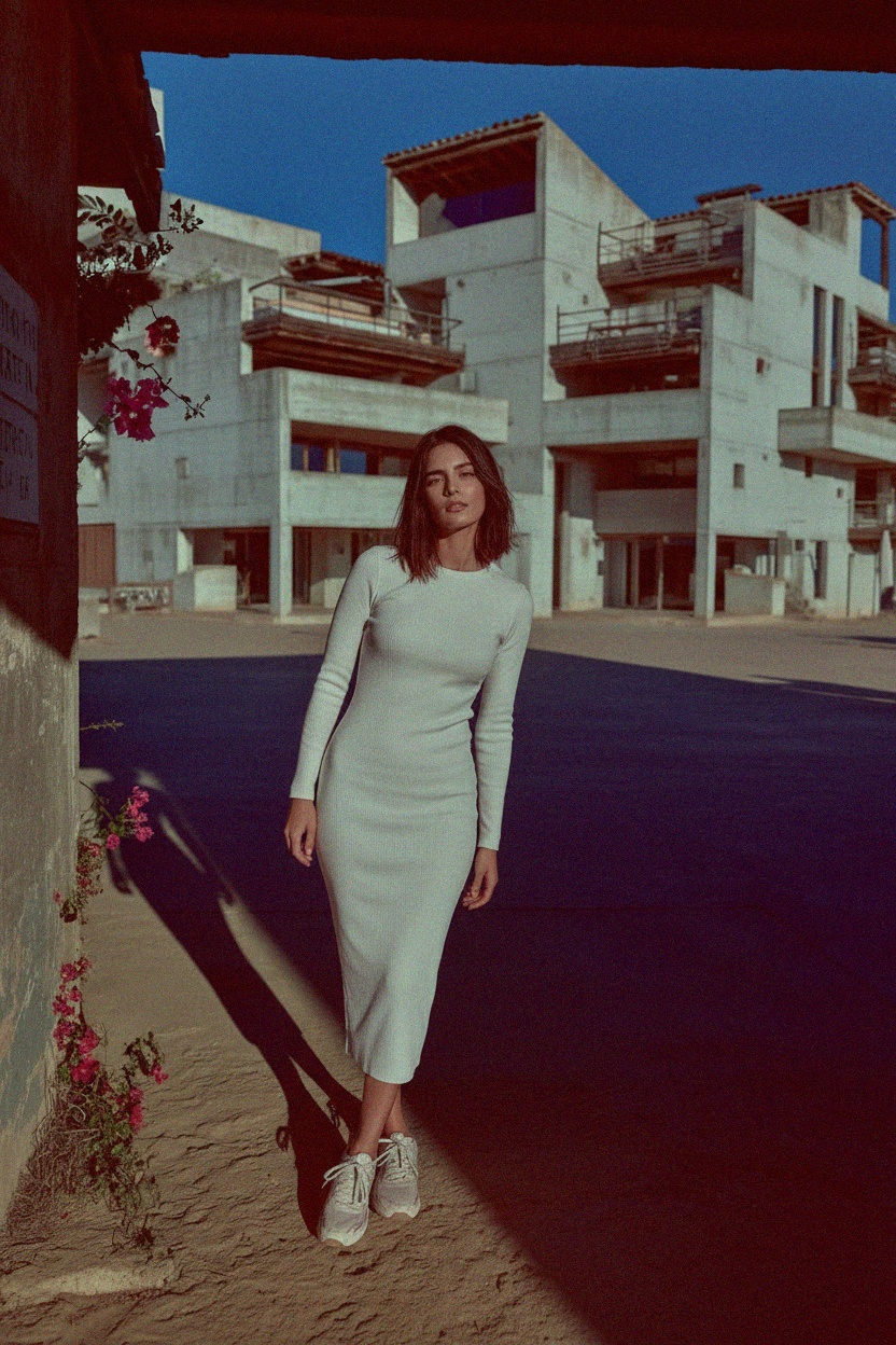 White Ribbed Long Sleeve Midi Dress photo 2