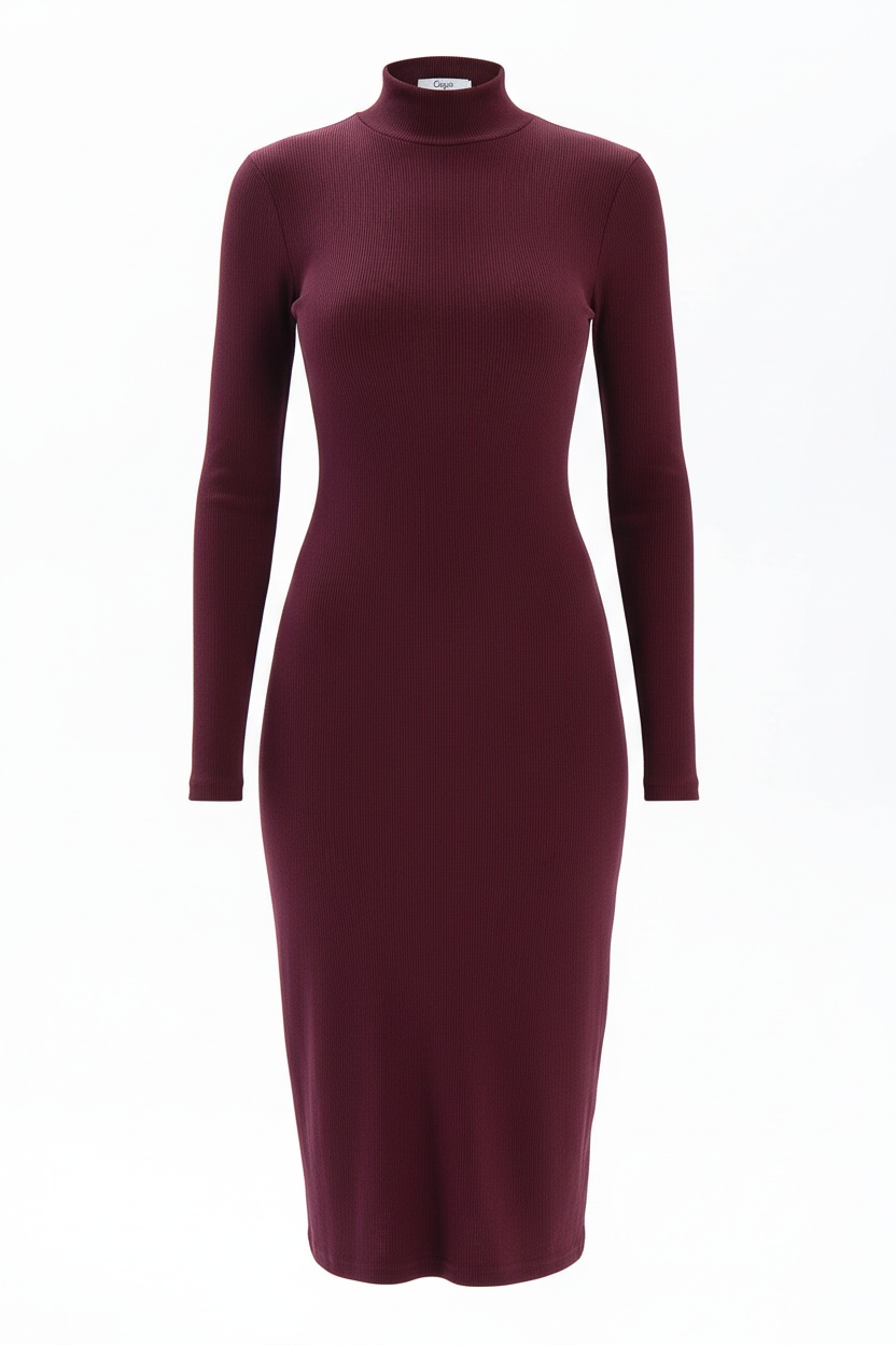 Burgundy Ribbed Knit Turtleneck Midi Dress photo 1