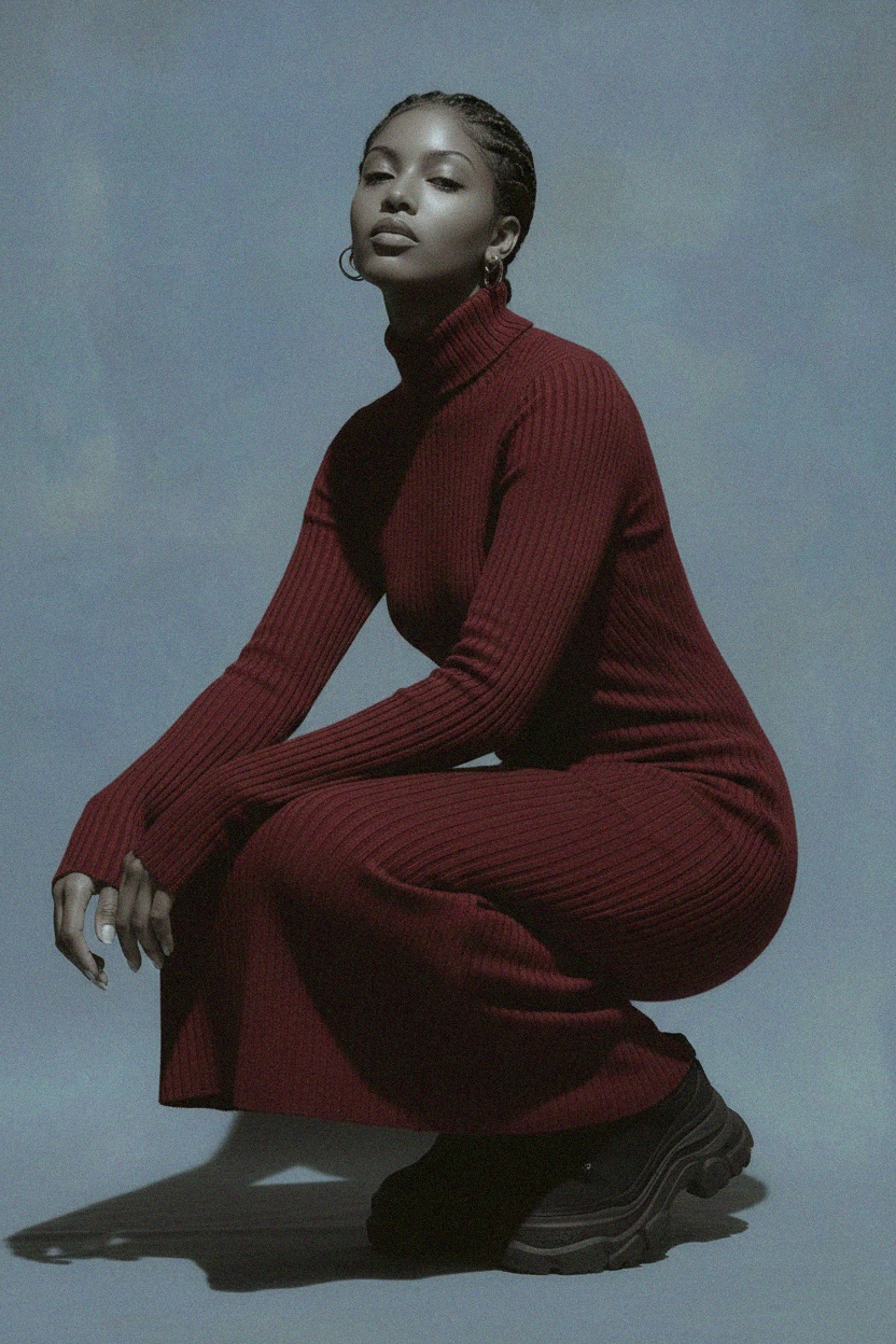 Burgundy Ribbed Knit Turtleneck Midi Dress photo 3