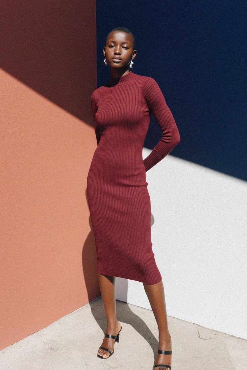 Fitted Ribbed Knit Long Sleeve Mock Neck Midi Dress photo 2