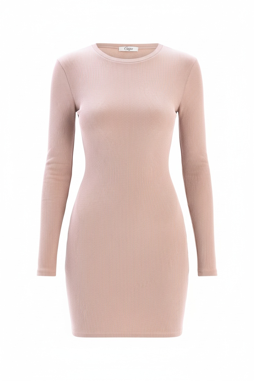 Beige Ribbed Long Sleeve Bodycon Mini Dress photo 1