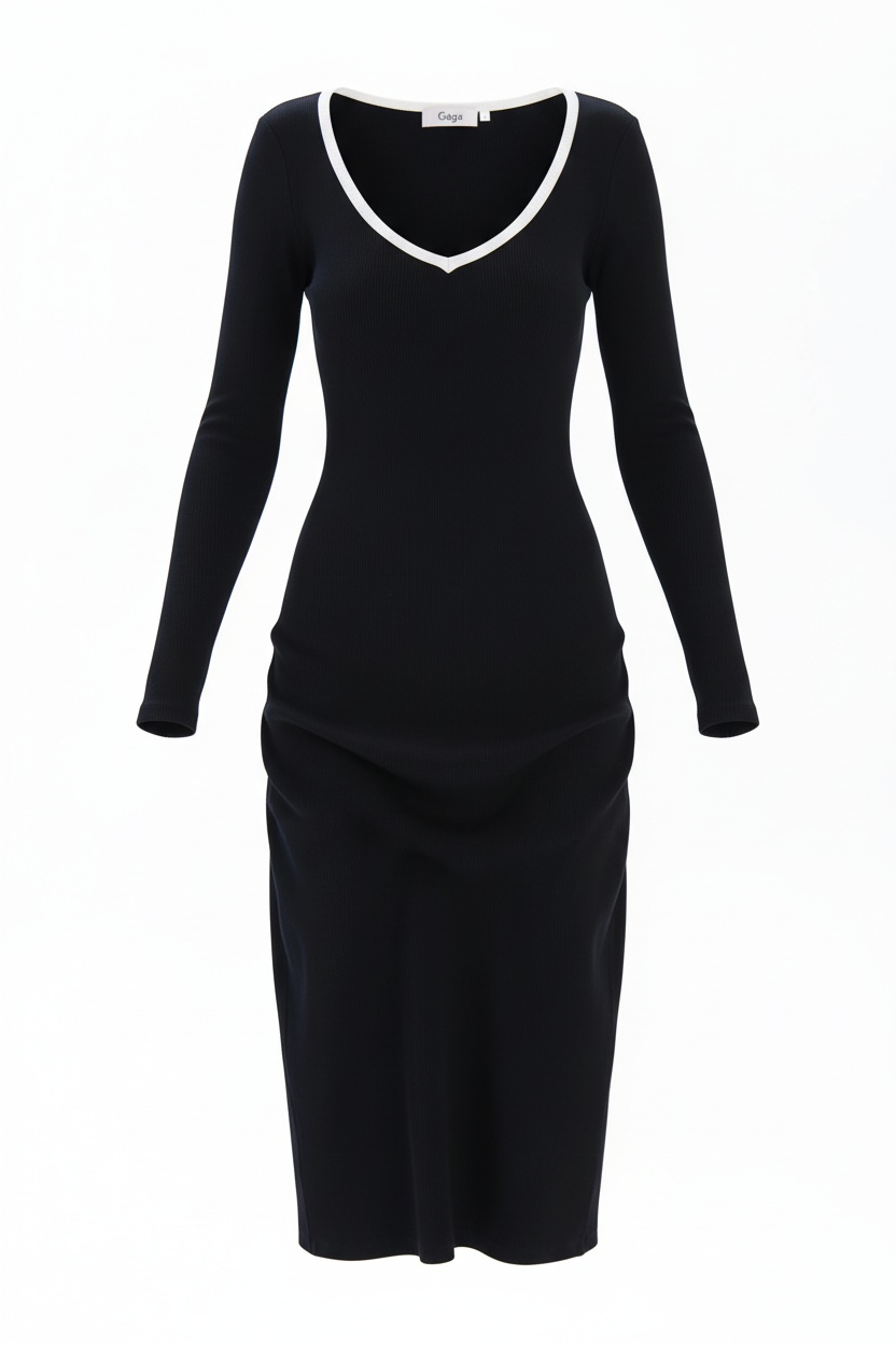 Fitted Black Ribbed Midi Dress with V-Neck Trim photo 1