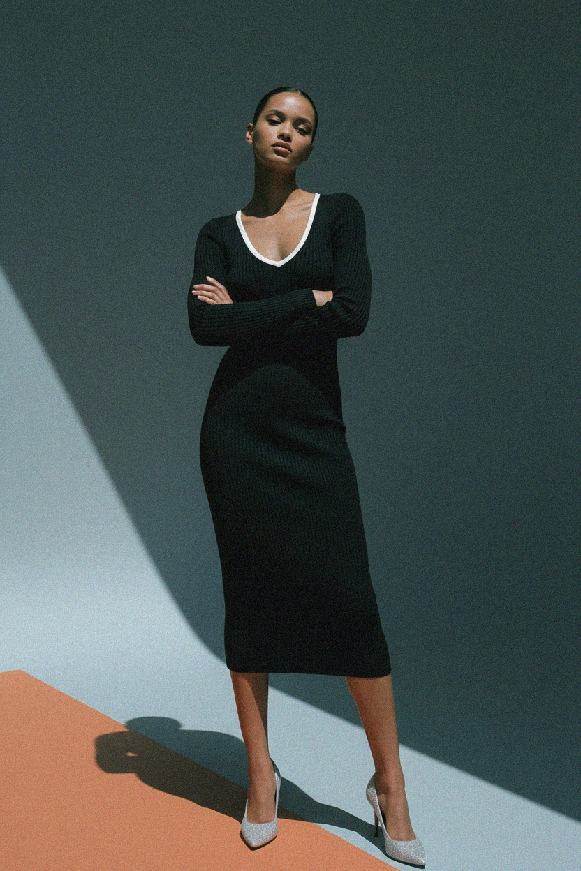 Fitted Black Ribbed Midi Dress with V-Neck Trim photo 3