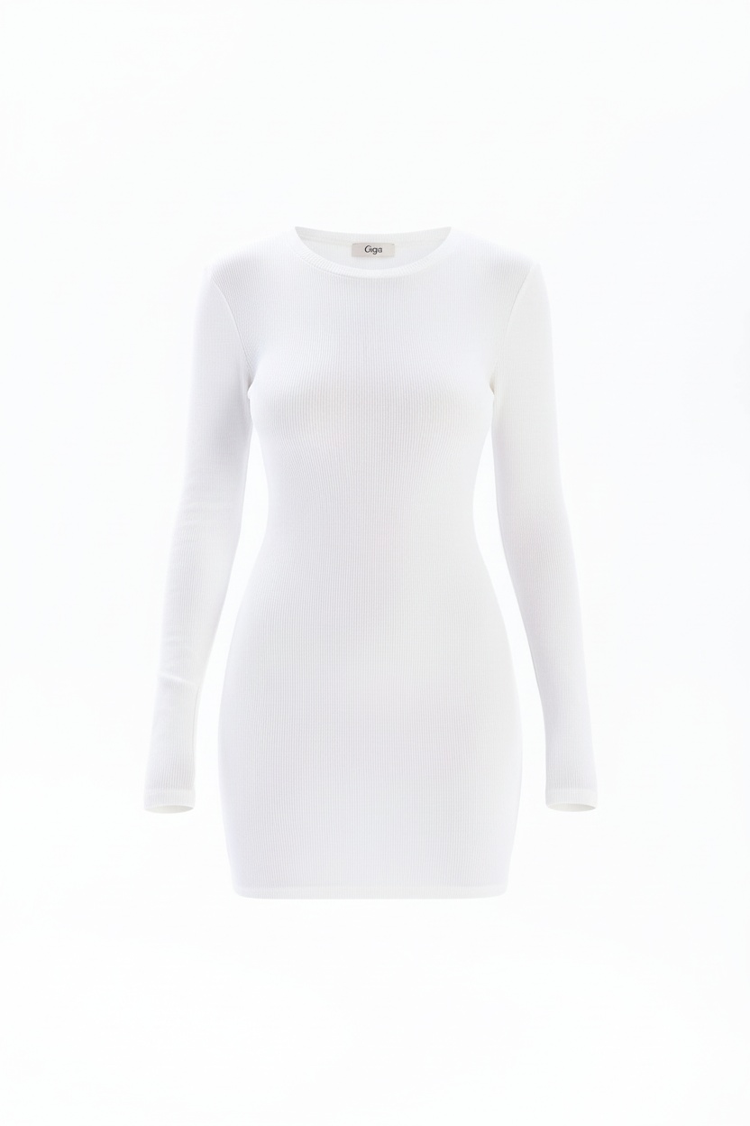 White Ribbed Long Sleeve Bodycon Mini Dress photo 1