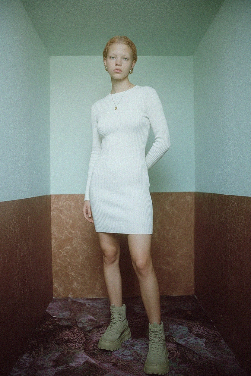 White Ribbed Long Sleeve Bodycon Mini Dress photo 3