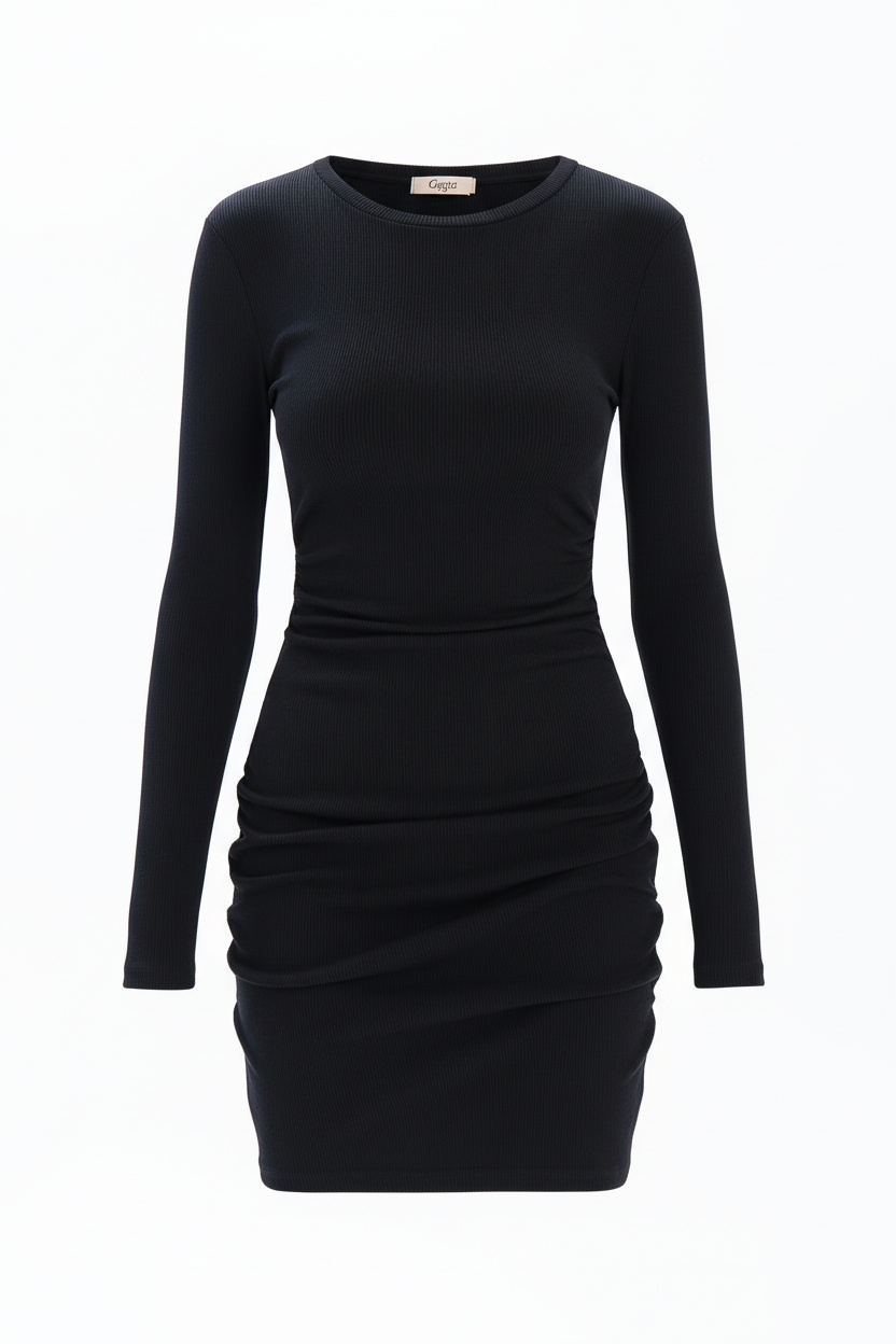 Black Ribbed Long Sleeve Mini Dress photo 1