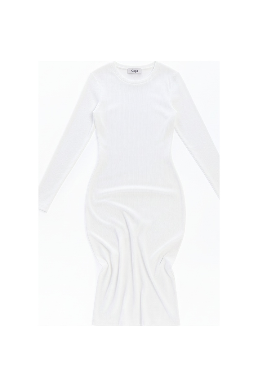 White Ribbed Long Sleeve Midi Dress photo 1