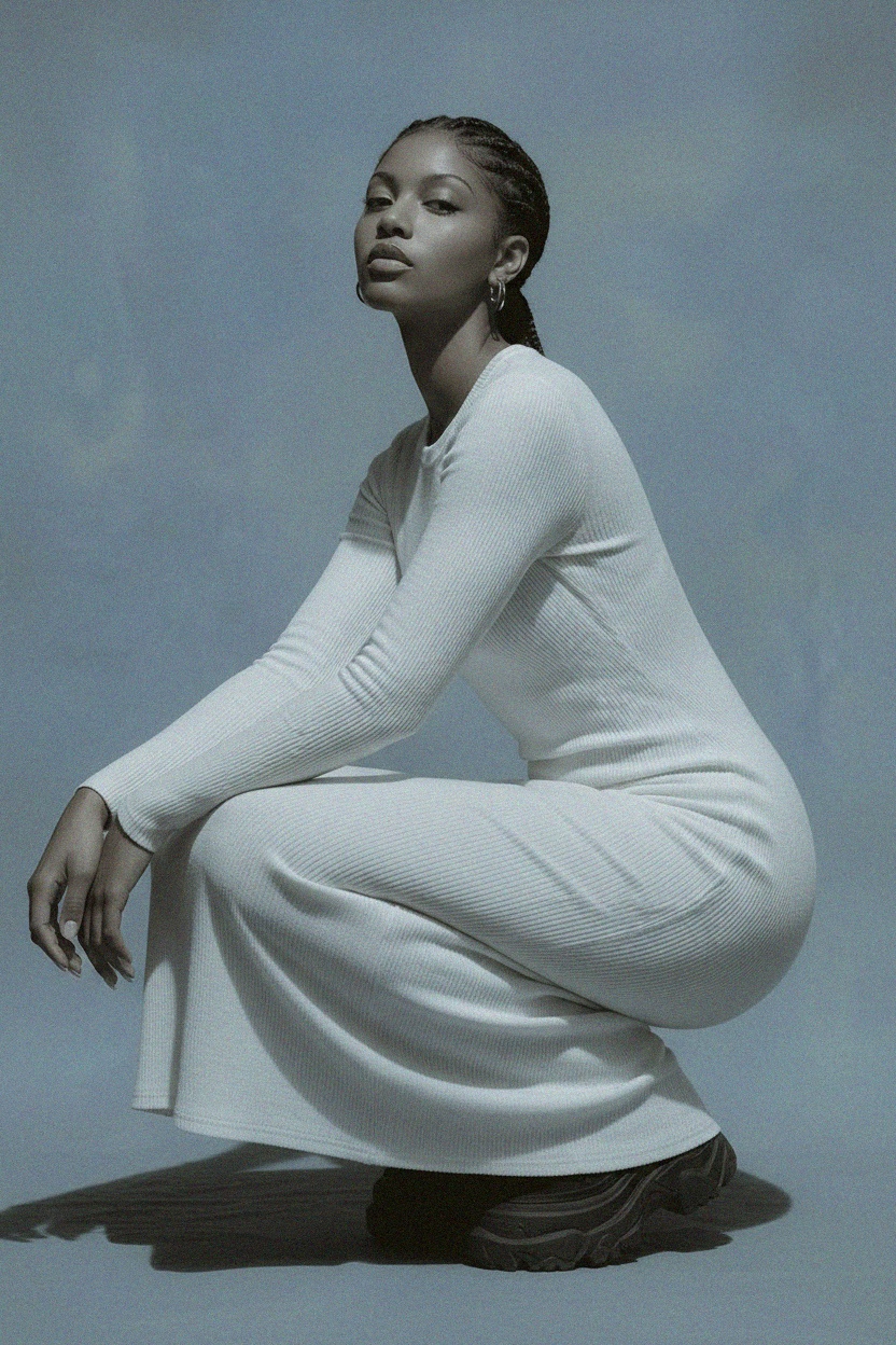 White Ribbed Long Sleeve Midi Dress photo 3