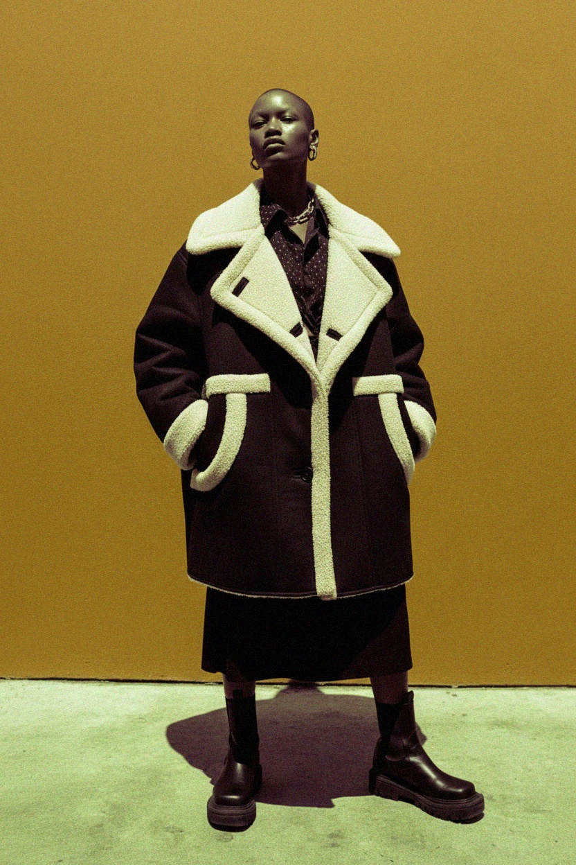 Oversized Black Shearling-Lined Coat photo 4